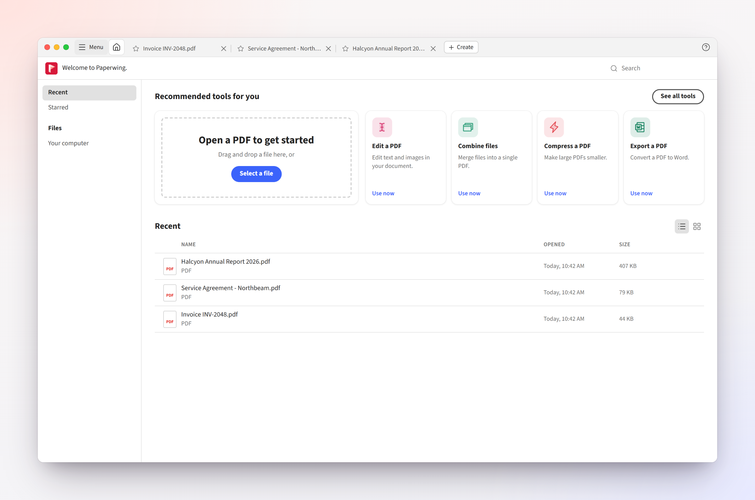Home view with recommended tools and recent files