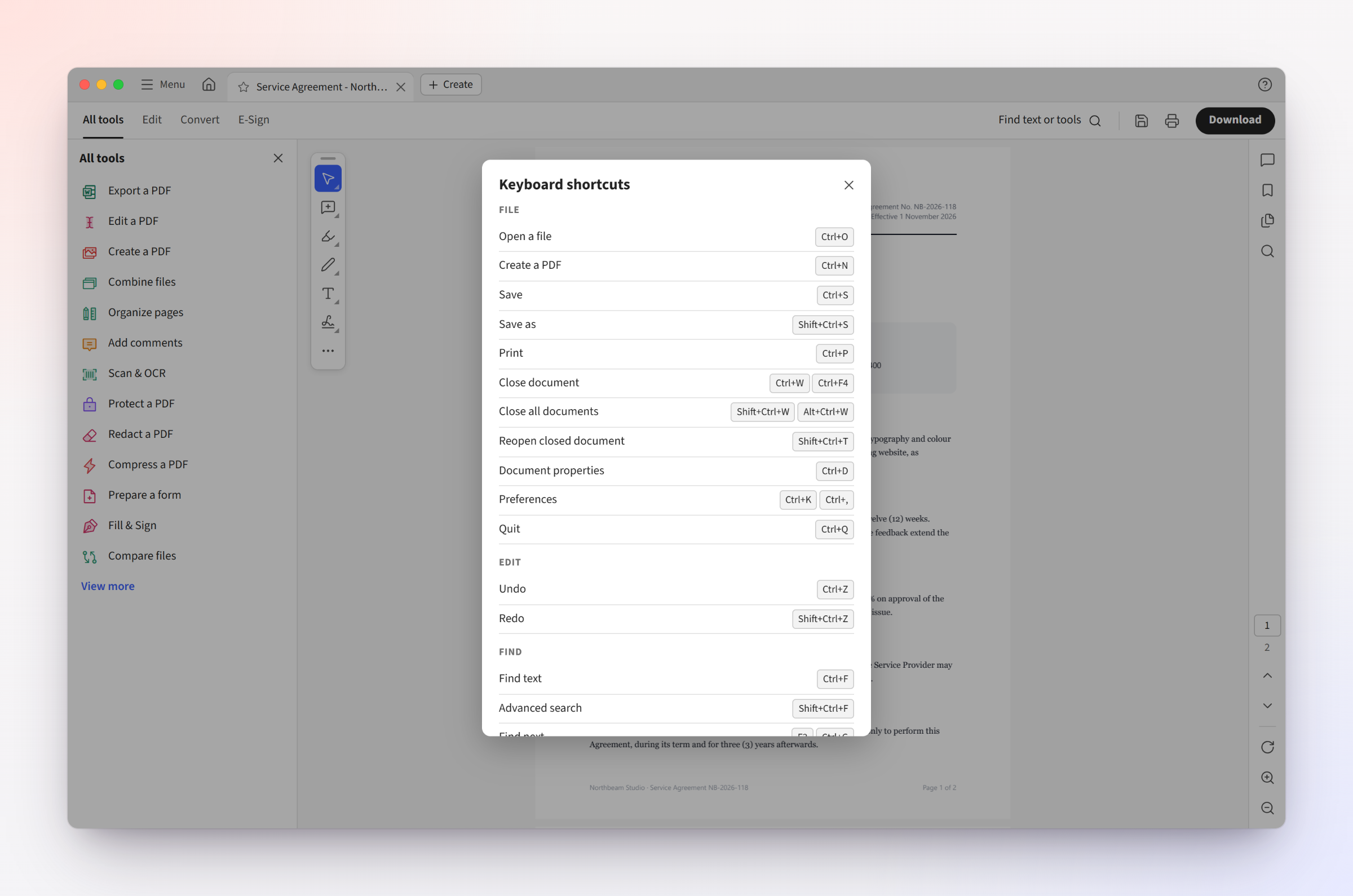Keyboard shortcuts dialog