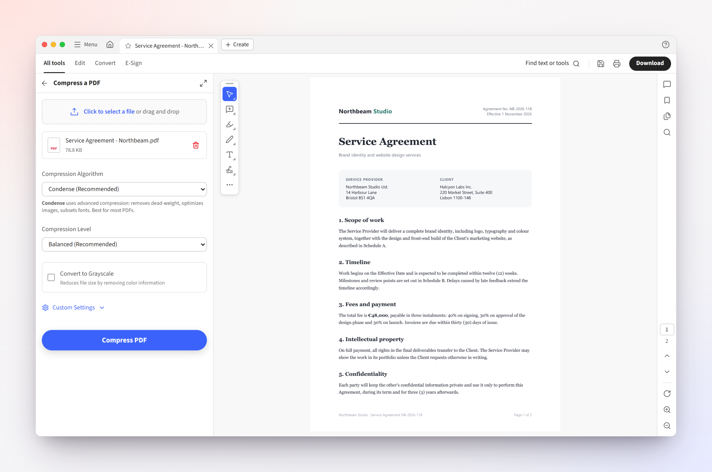 Compress tool running in the side panel next to the document