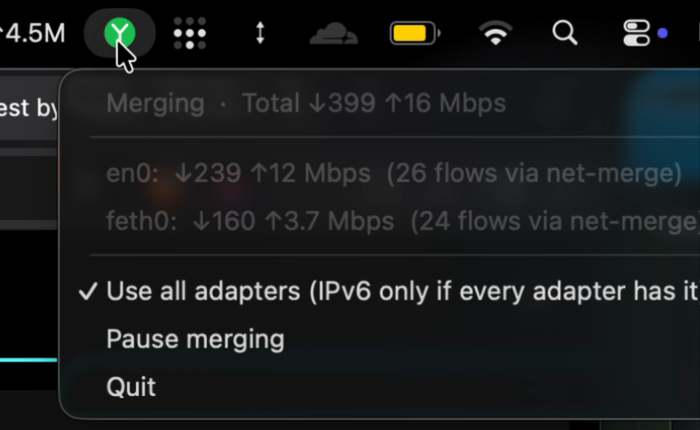 macOS menu: total 399 Mbit/s, en0 and feth0 each with their flows, Pause merging, Quit