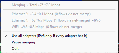 Menu: total, each adapter's speed and flows, IPv6 option, Pause merging, Quit