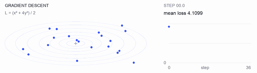 Gradient descent moves scattered starting points toward the loss minimum. The mean loss decreases with each update.