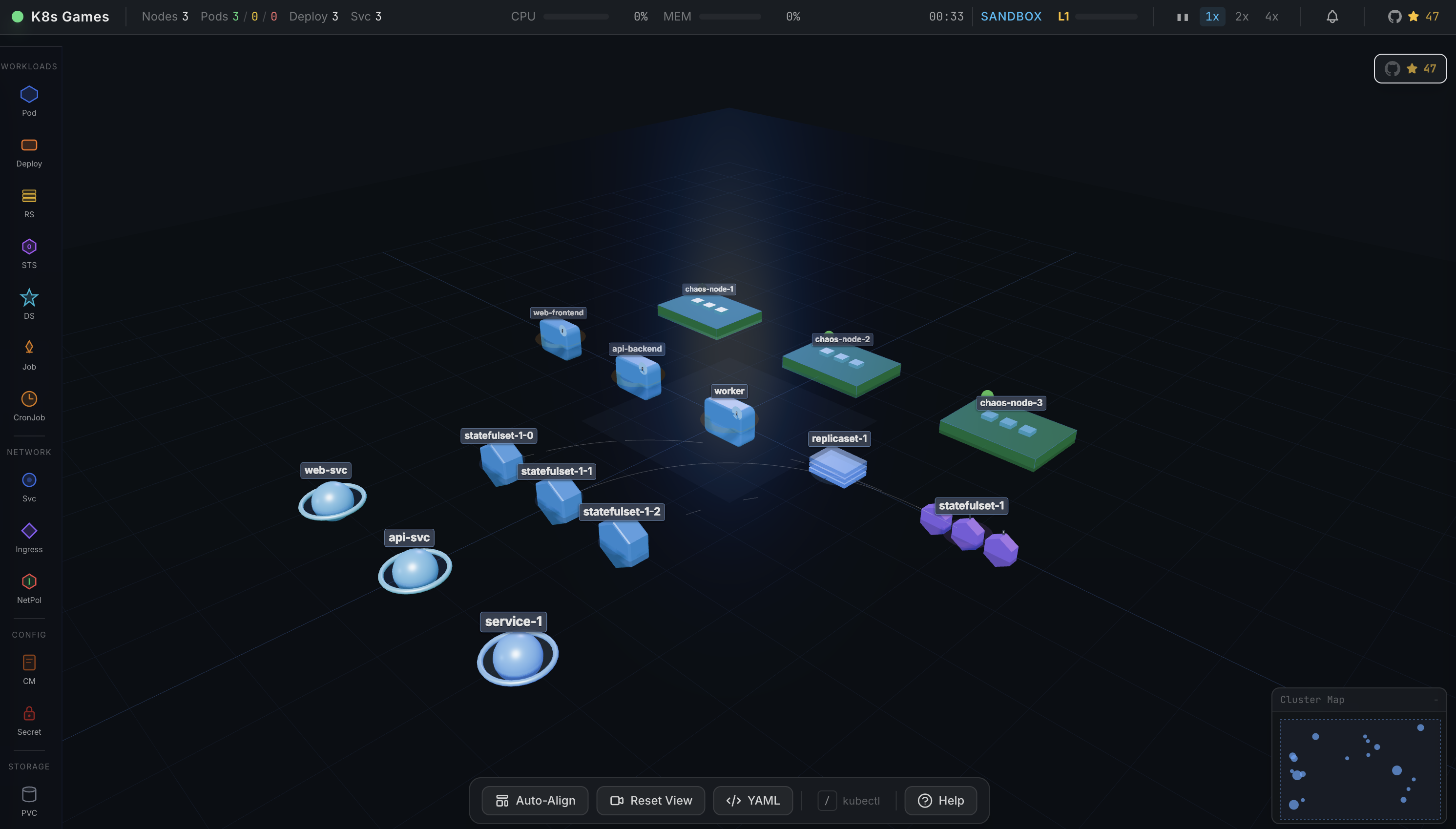 K8s Games — 3D Kubernetes cluster simulation in the browser