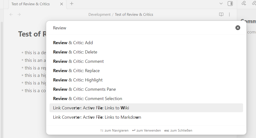 Commands palette