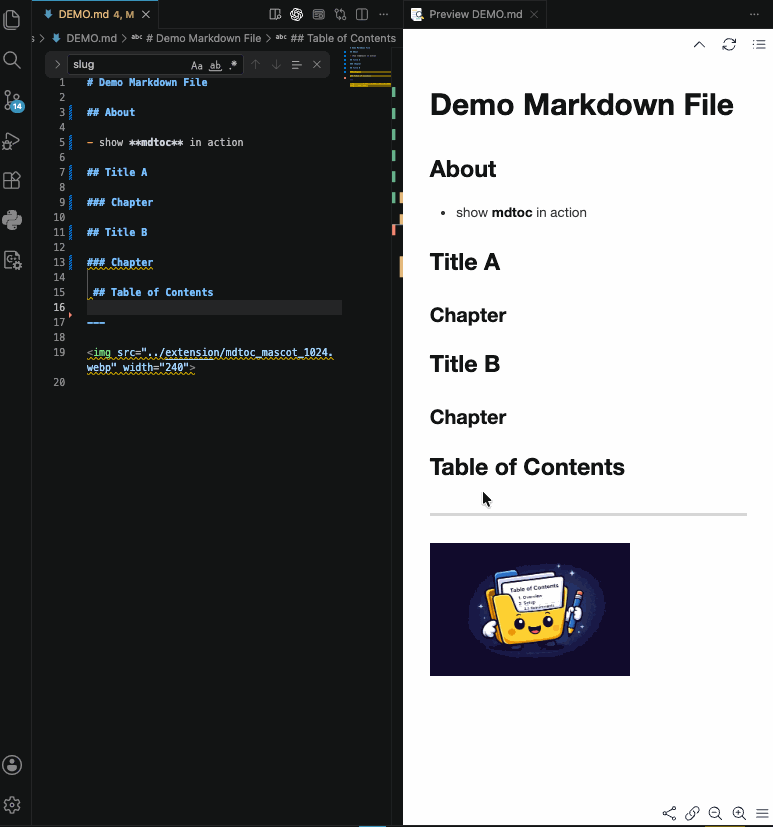 Animated demo of generating and stripping a table of contents