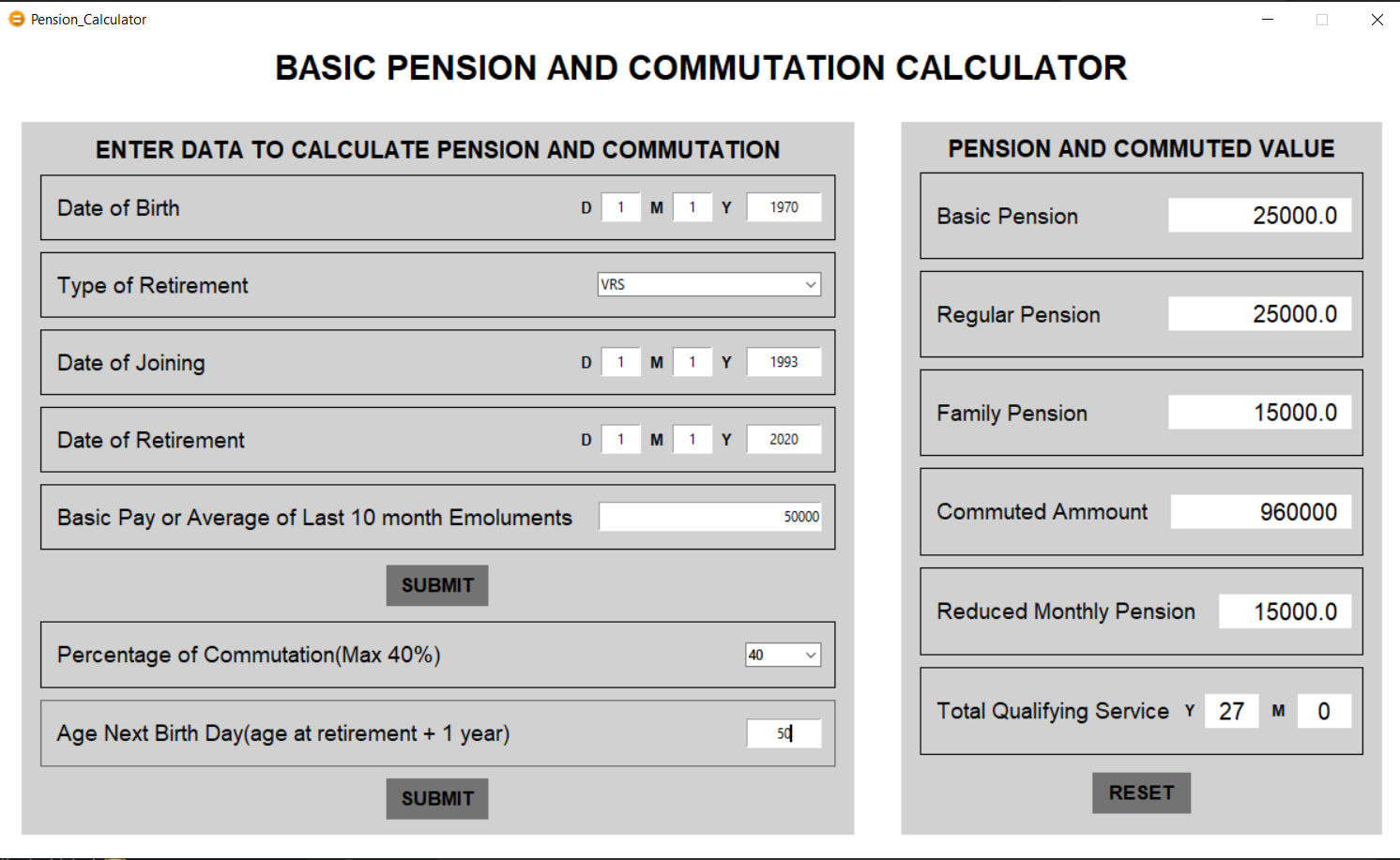 VRS Pension calcuation screenshot