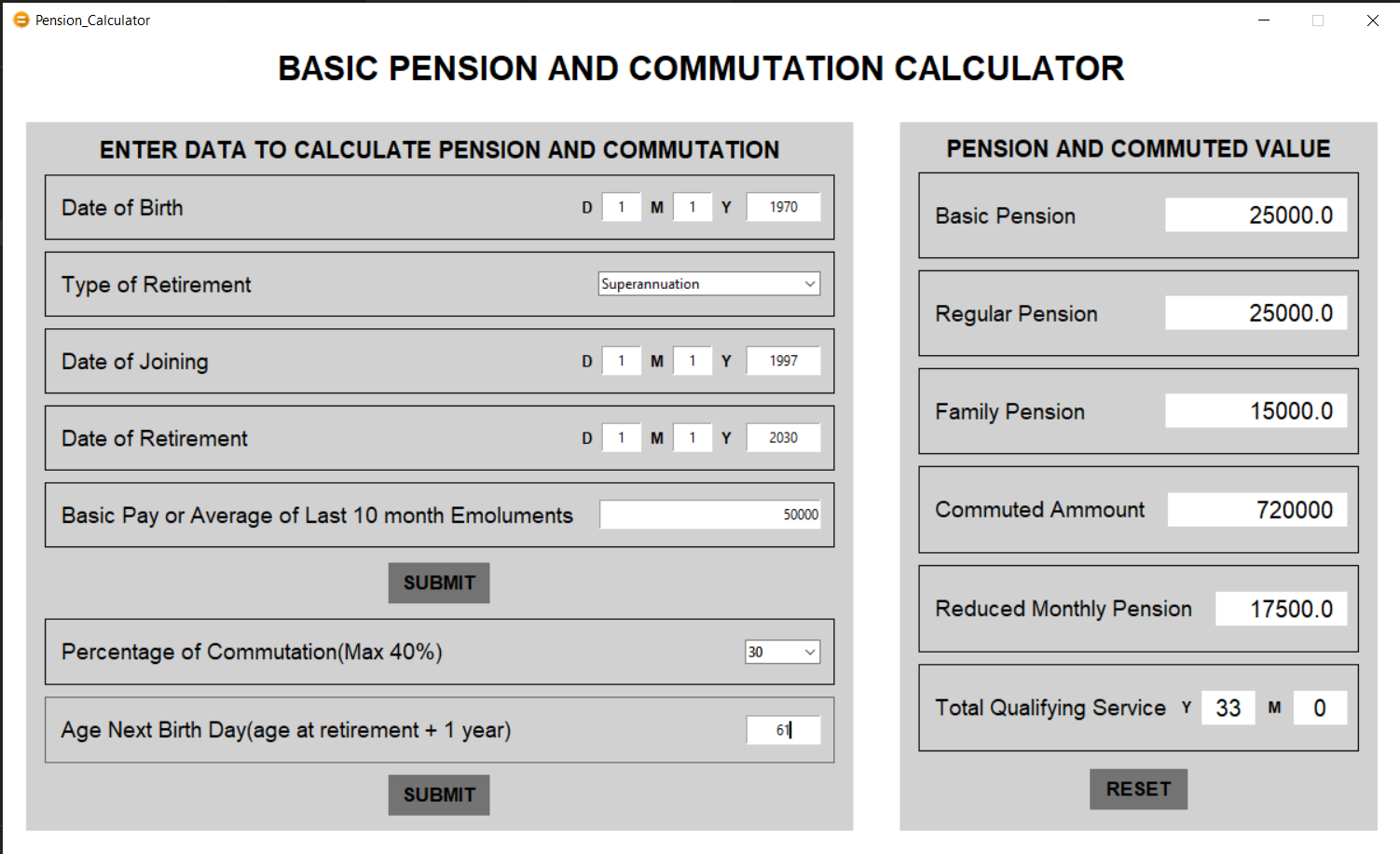 Superannuation pension calcuation screenshot