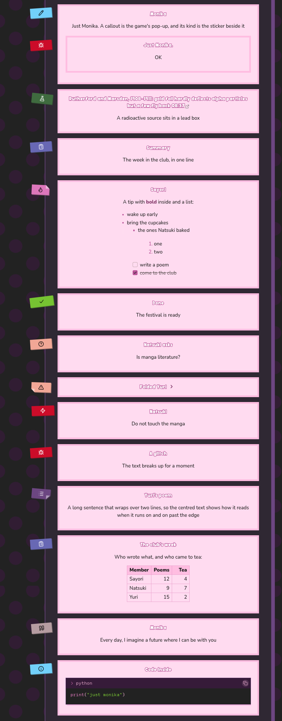 every callout type as a pale pop-up on the dark sheet, each with a sticker of its colour on the margin