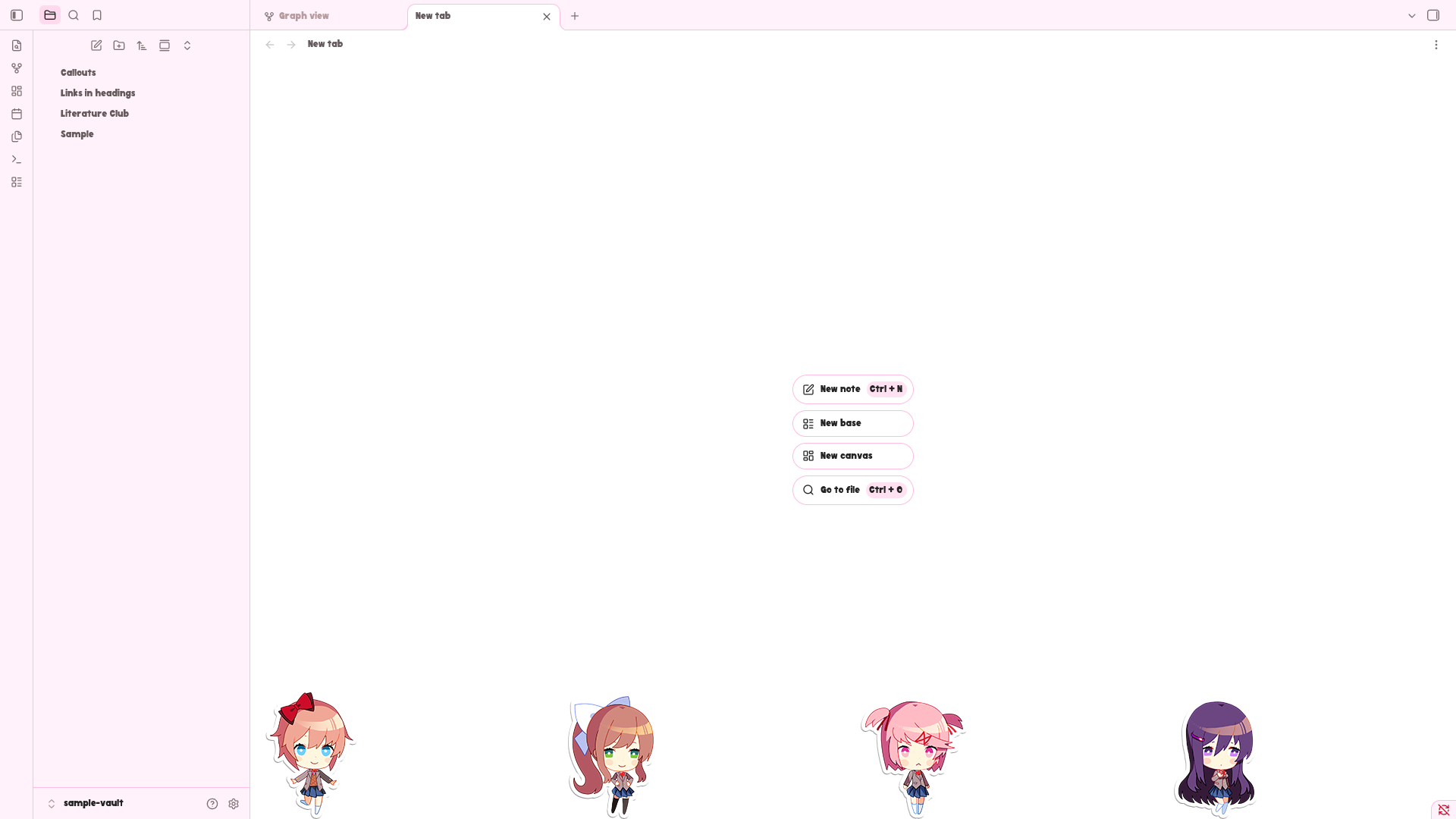 Sayori, Monika, Natsuki and Yuri standing at the foot of an empty tab