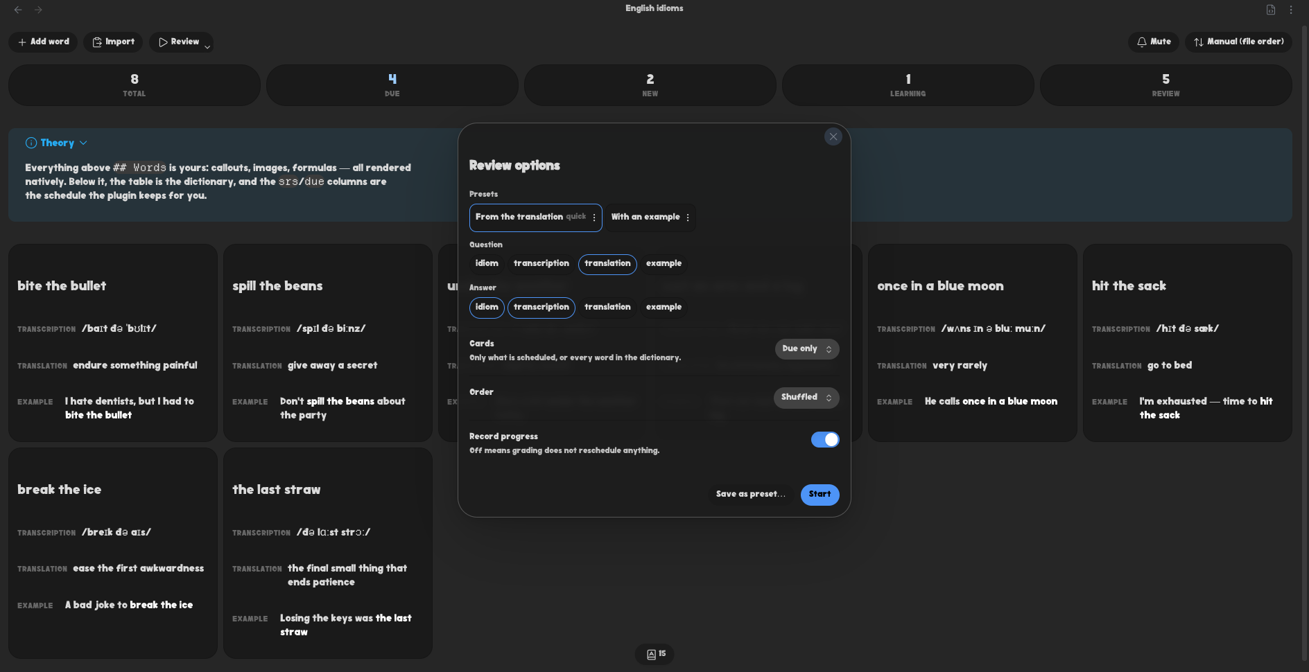 The review options dialog