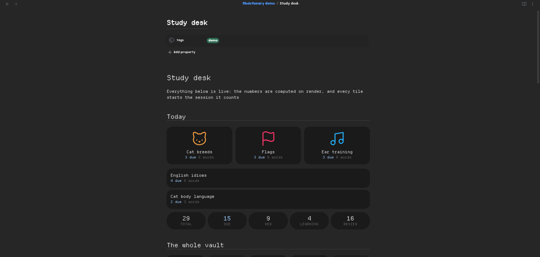 A stats block covering several dictionaries