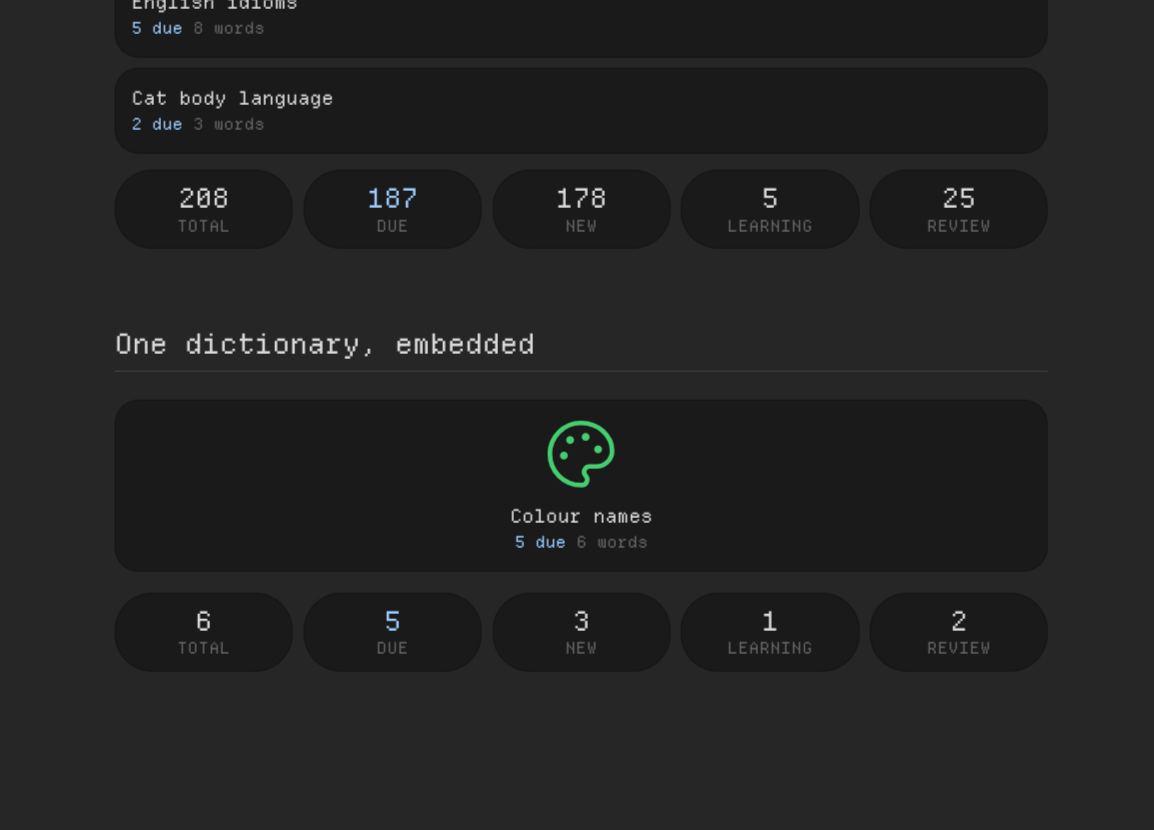 A dictionary embedded as a stats card