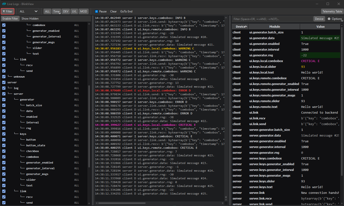 BlinkView LogViewer and filter