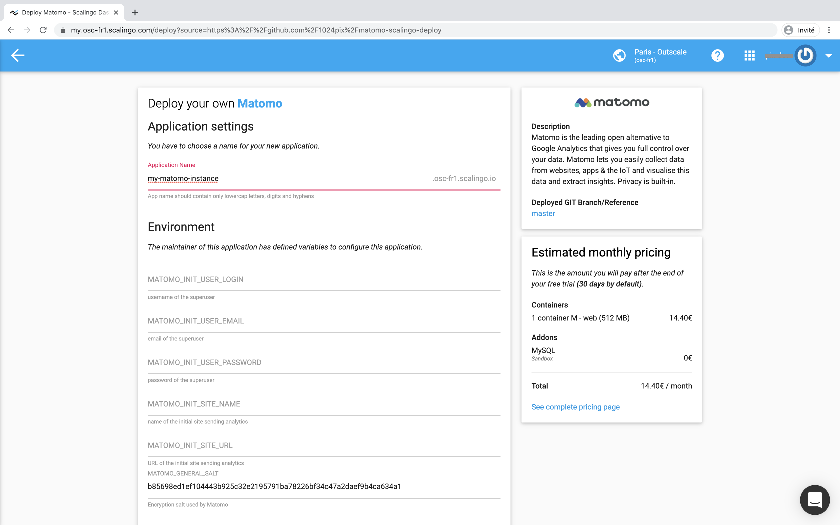 Scalingo new Matomo app form