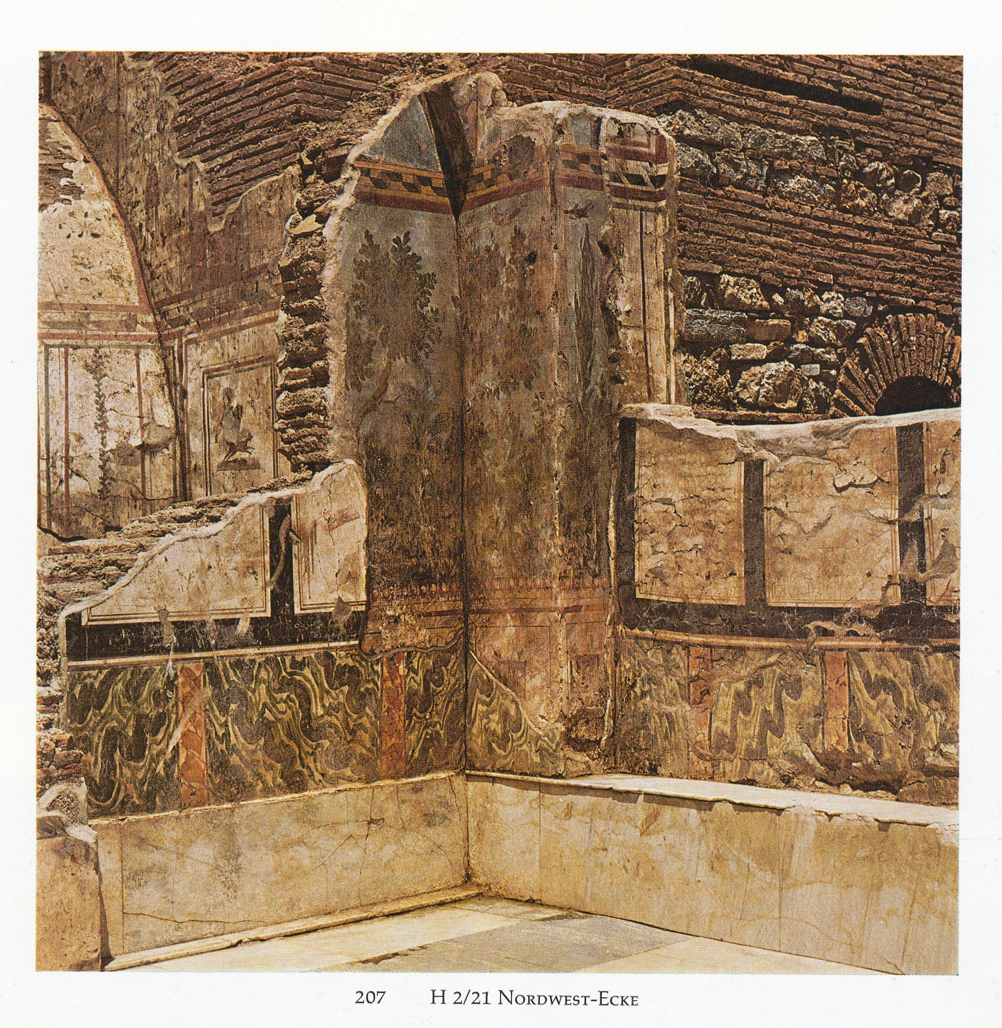 The painting shows plants and painted windows with more surrounding context