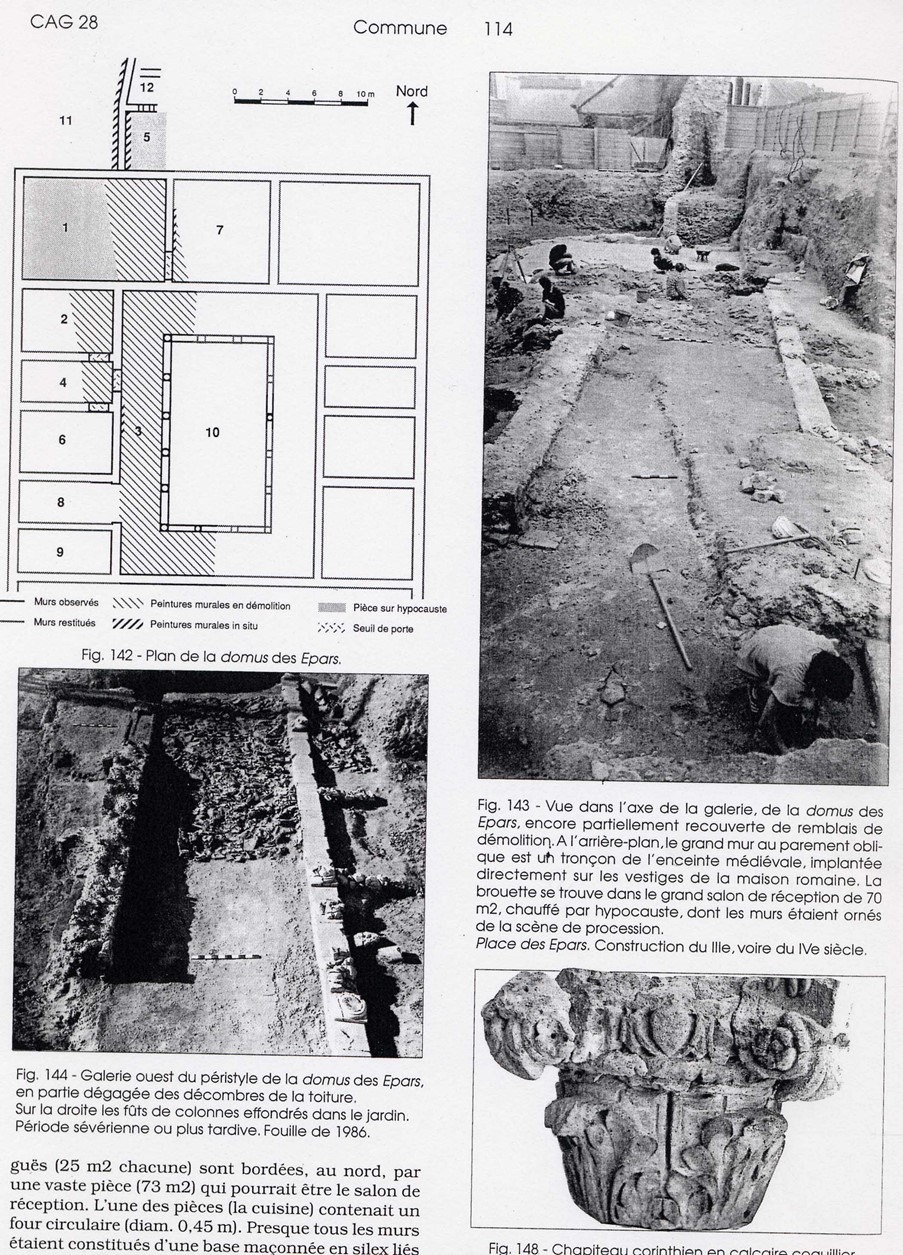Image from CAG showing a plan of Domus of the Place des Epars, two photos of the archaeological excavations, and a photo of the decoration of a Corinthian column.