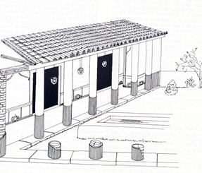 Drawing of the courtyard in perspective. Some of the key features include a view of the porticoes with smiling masks hanging between the columns. There is a fountain bassin in the center.