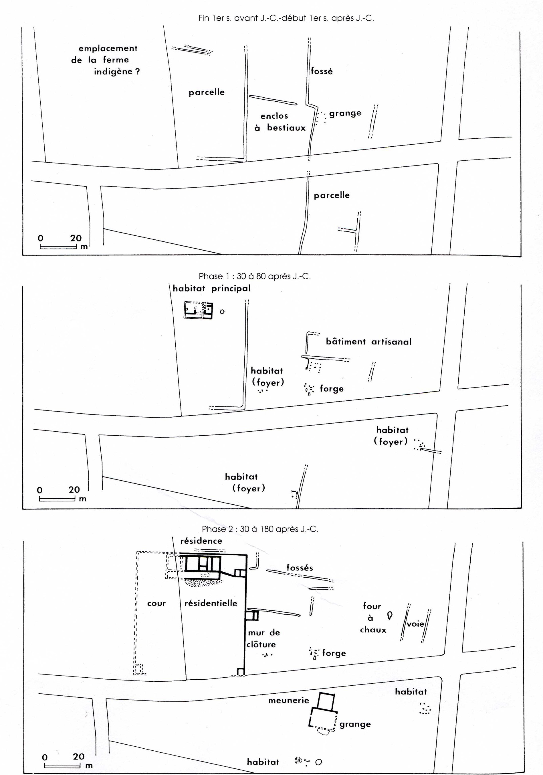 Two maps with developed and labeled plans of Noyal - Châtillon-sur-Seiche (Ille-et-Vilaine) from 180 A.D. or J.C. to the villa in the middle of the third century A.D. or J.C.