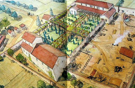 A colorful bird's eye perspective of the garden between the buildings.