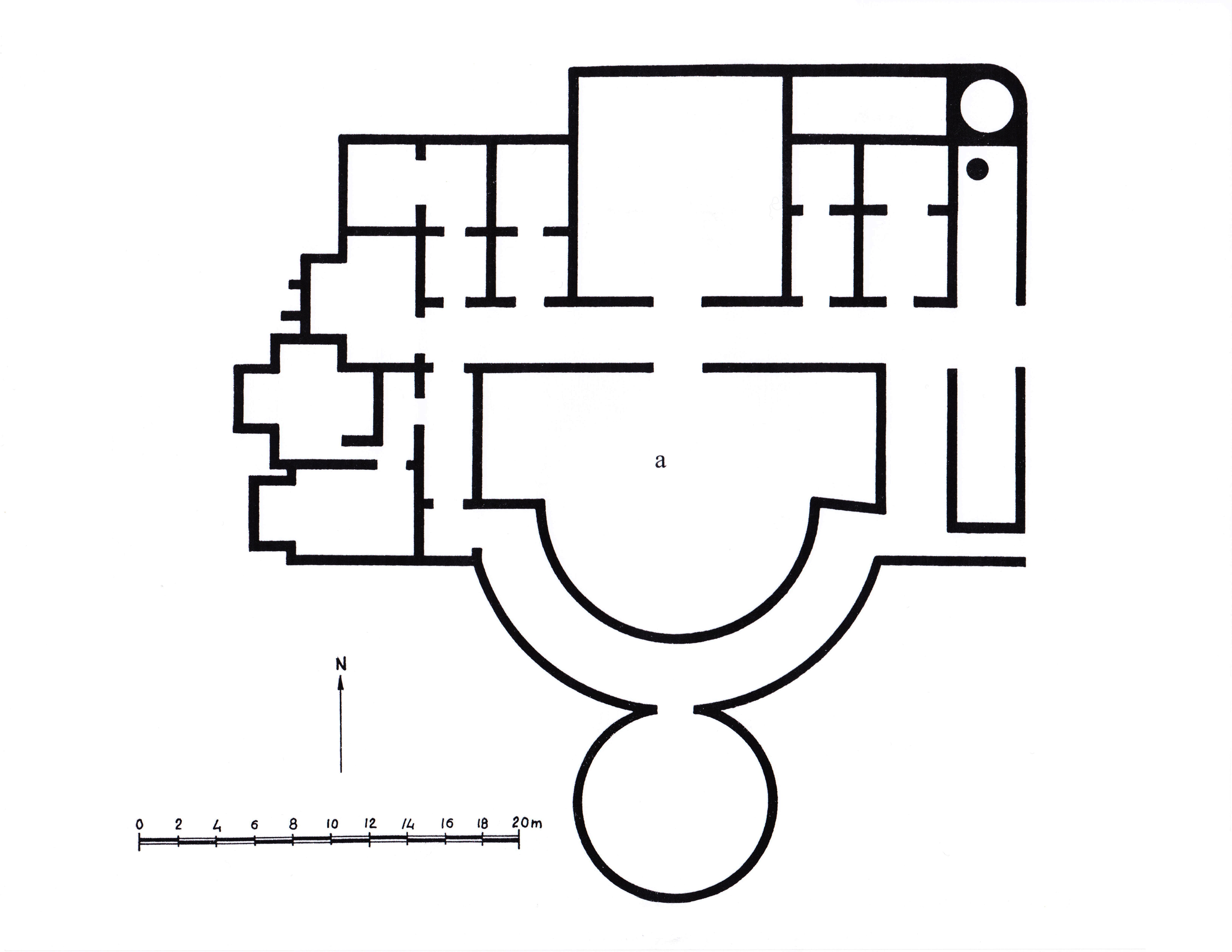 Plan of The so-called "Baths" of Rielves at Toledo Province, Spain. The axial plan of this villa and its mosaics are representative of the luxurious villas of the late Imperial period. The semicircular colonnade, which enclosed the garden, was typical of North African villas. The garden may have been watered with run-off from the villa baths.