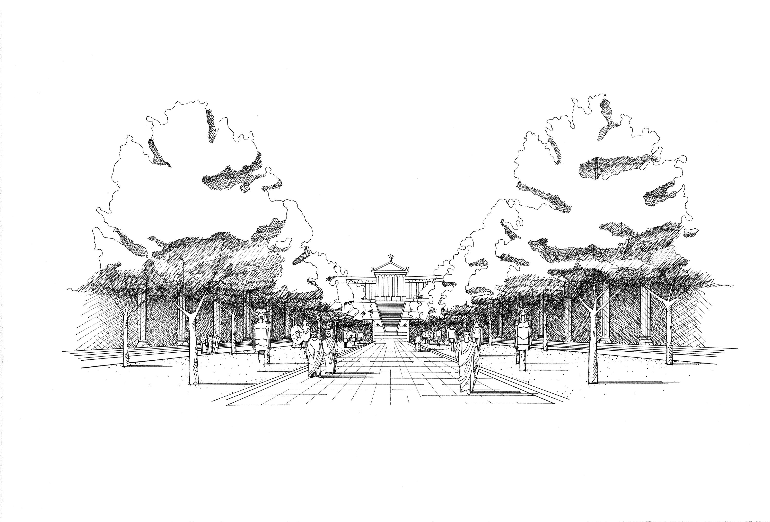 Perspective drawing along the central axis from the curia to the Temple of Venus Victrix atop the theater in the original phase of the Porticus of Pompey