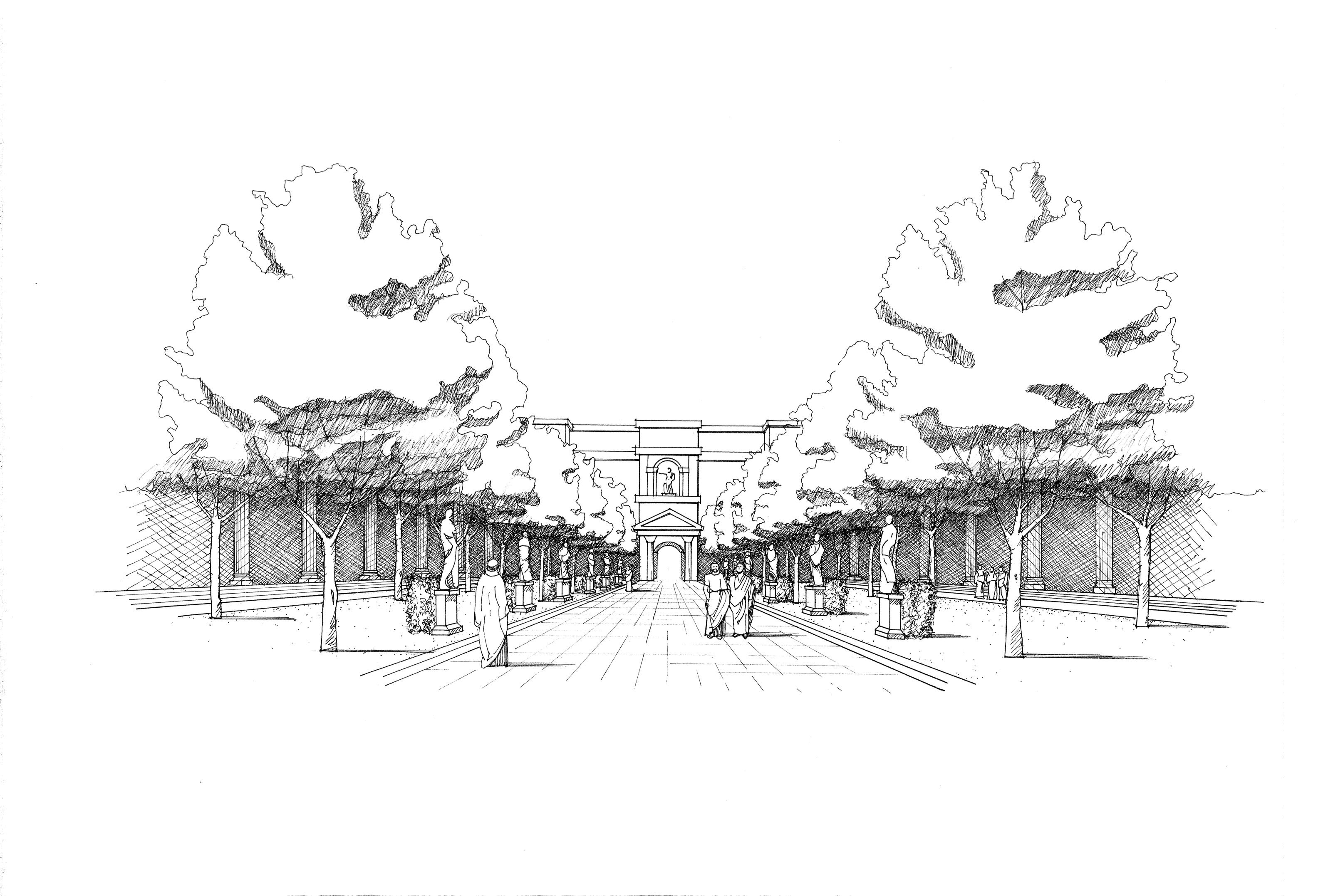 Sketch of the view along the central axis from the curia to the temple of Venus Victrix atop the theater after the erection of a permanent stage building by Augustus; the unity of the space is lost due to the erection of scaena; the temple cannot be seen at all