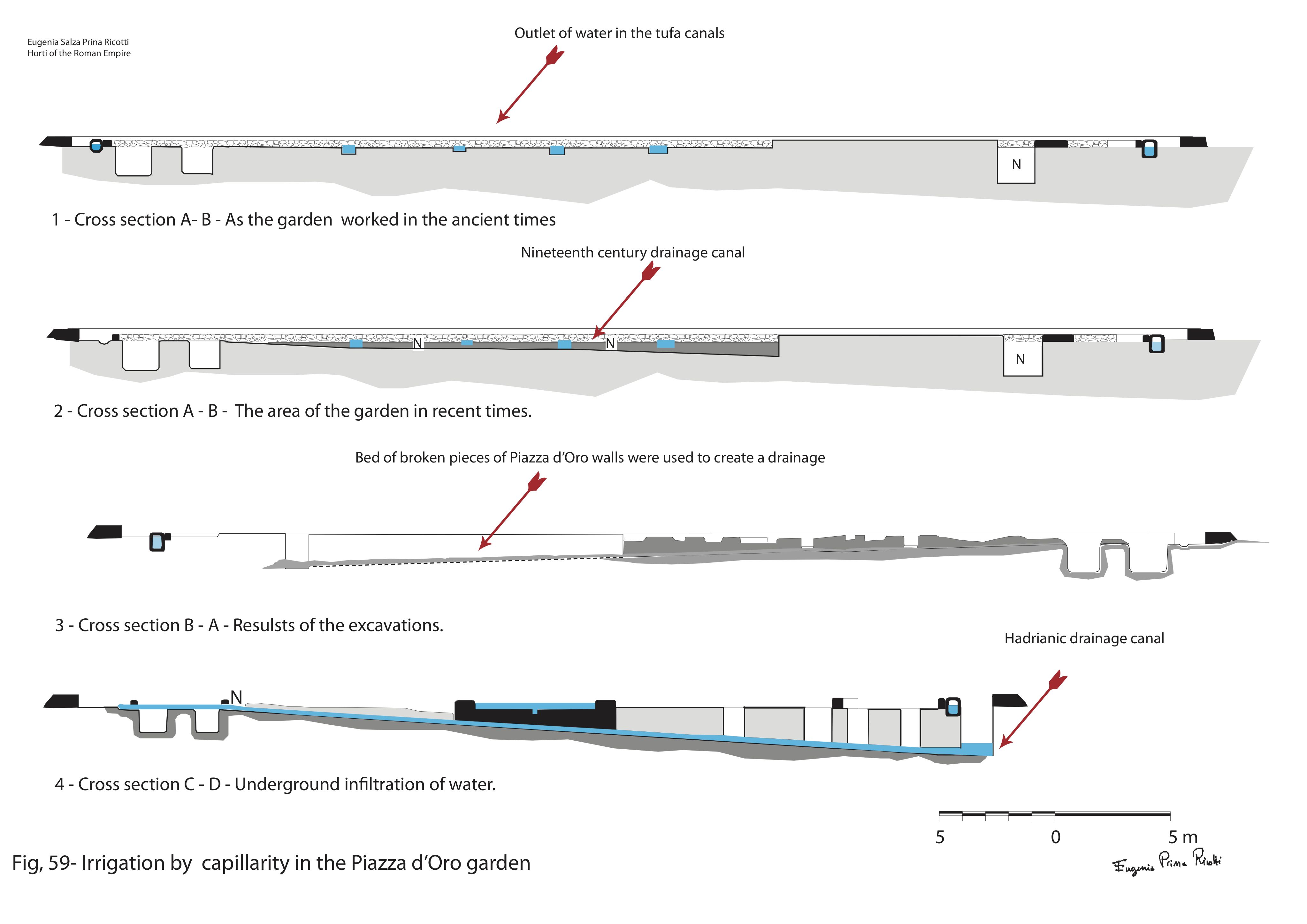 Cross-sections of the Piazza d'Oro garden at Hadrian's Villa, illustrating the irrigation by capillarity