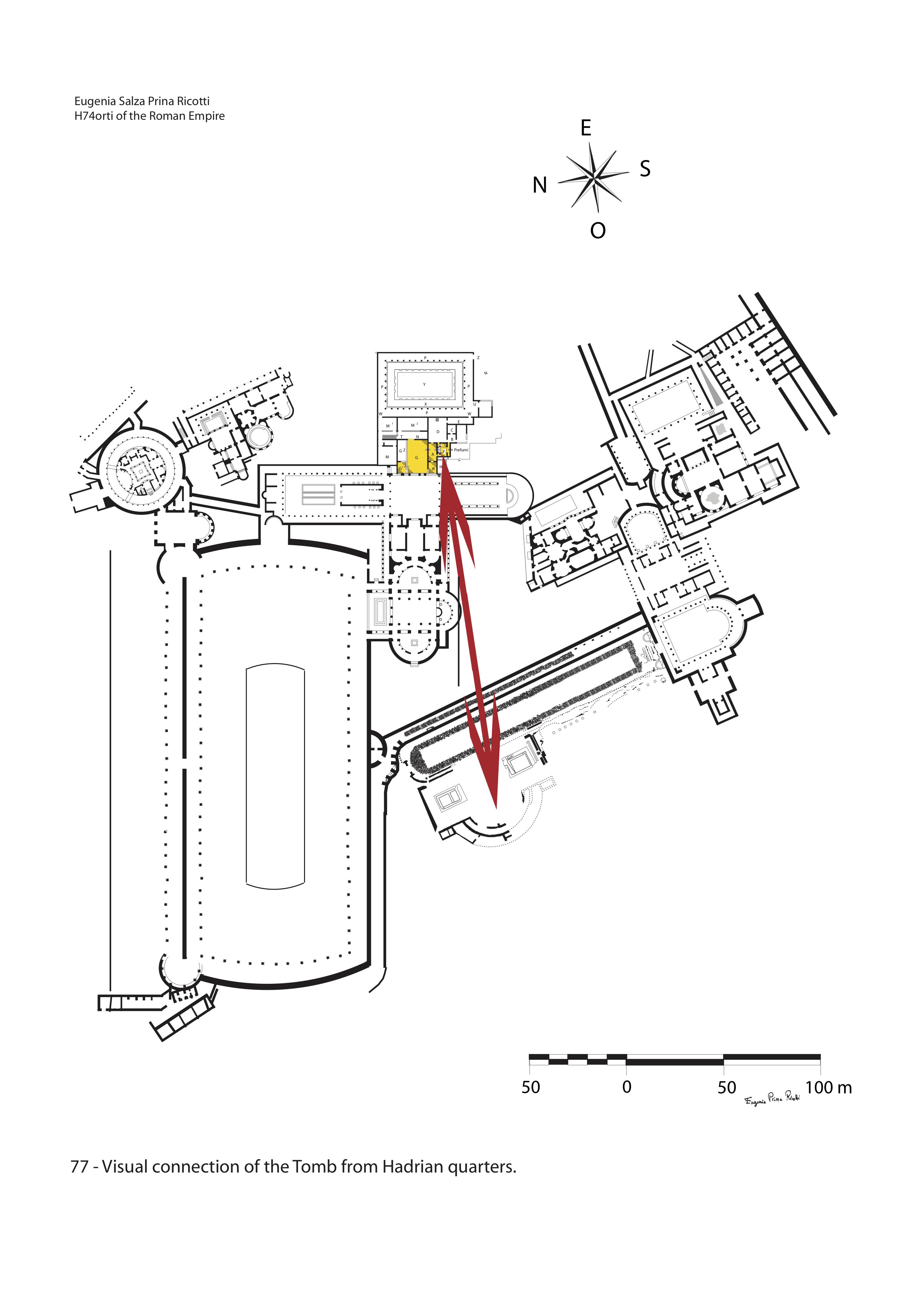 Plan showing the visual connection between Hadrian's quarters and Antinous' tomb