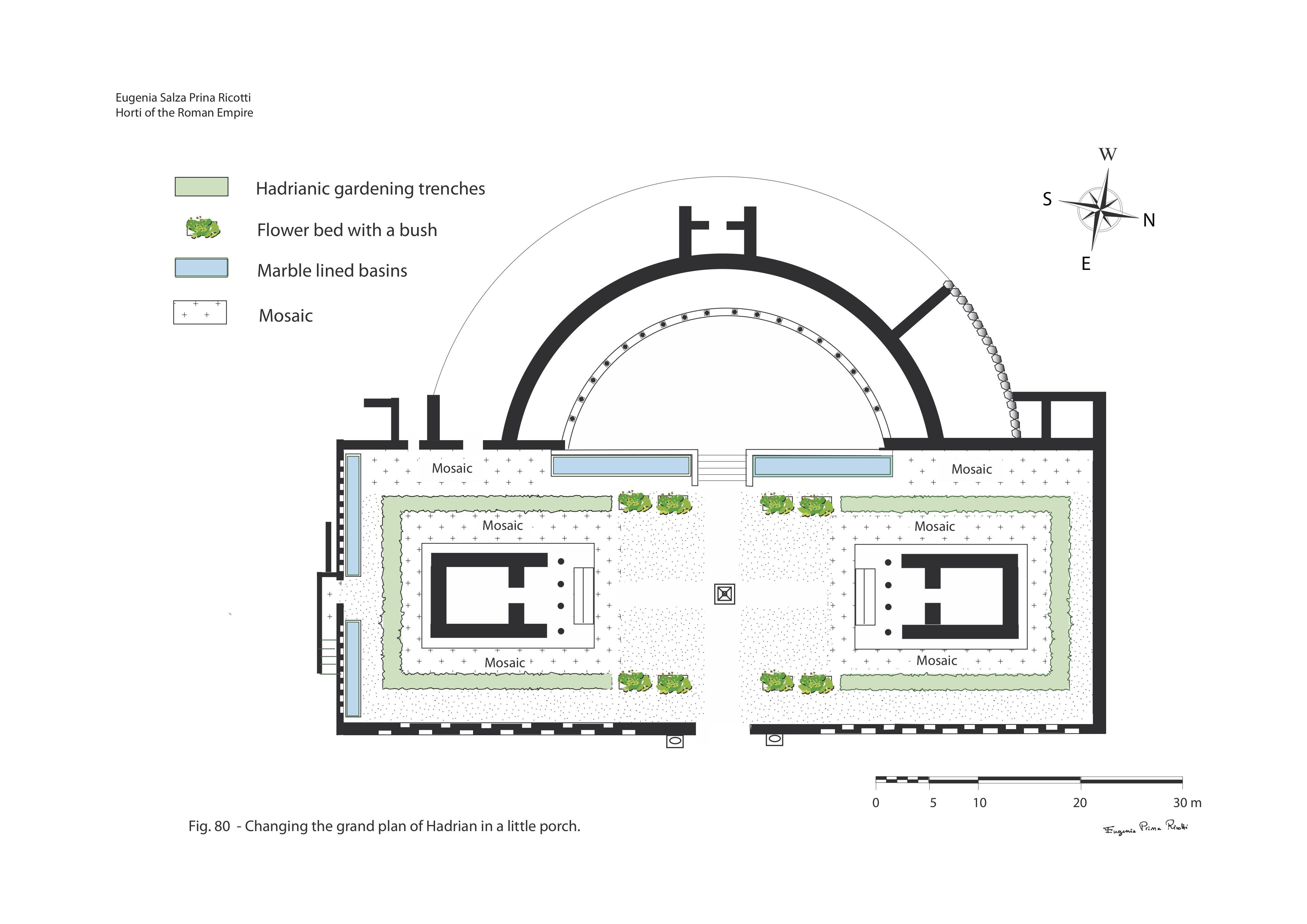 Plan of Antinous' garden as it was completed after Hadrian's death, showing the substitution of a small porch for Hadrian's grand plan