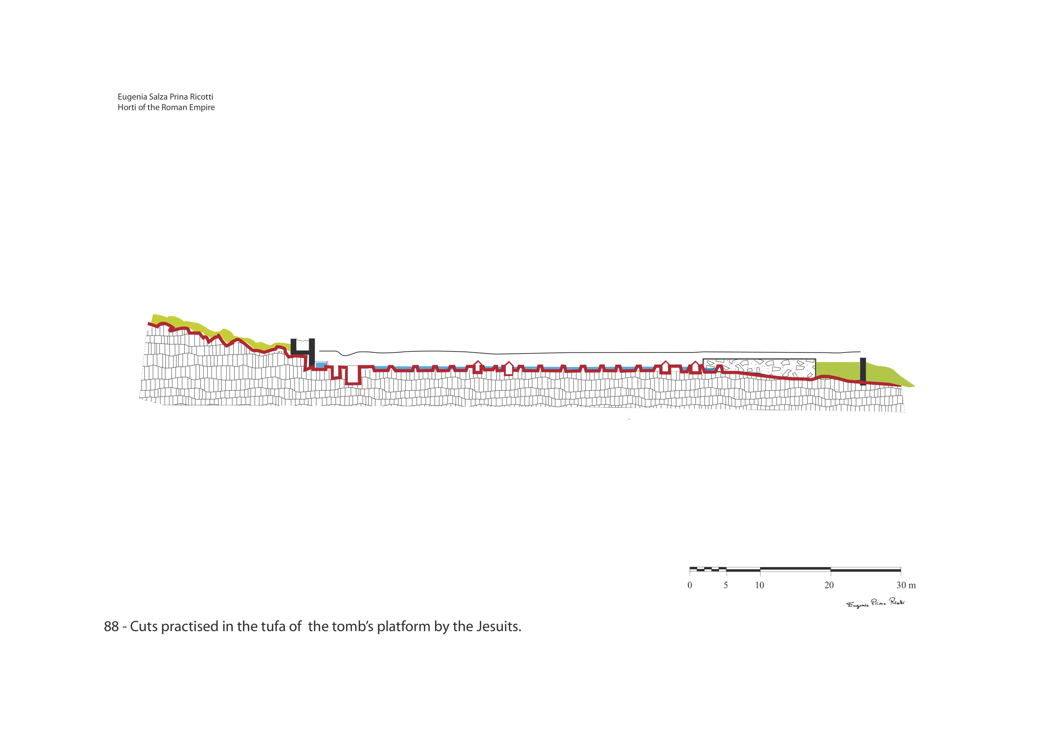 Section showing the cuts made in the tufa of the tomb's platform by the Jesuits