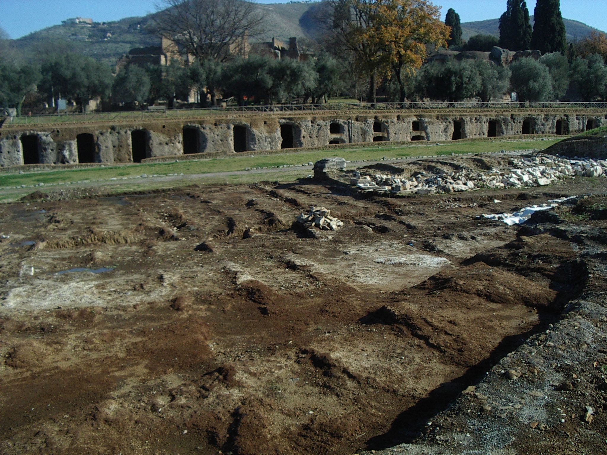 Photograph showing the cuts made in the tufa of the tomb's platform by the Jesuits