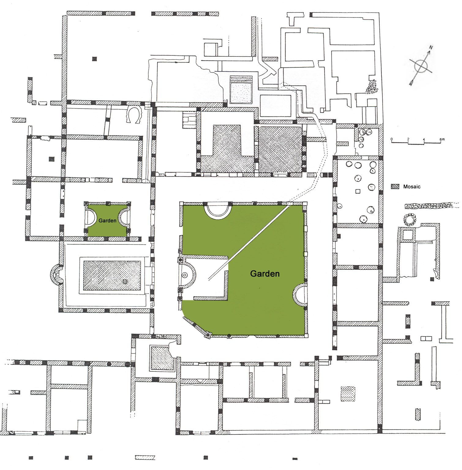 Plan of the House of Iustiniani and Sabini. The house has an overall rectangular aspect, with the roughly square peristyle garden occupying the center. More details are included in the garden description section above.