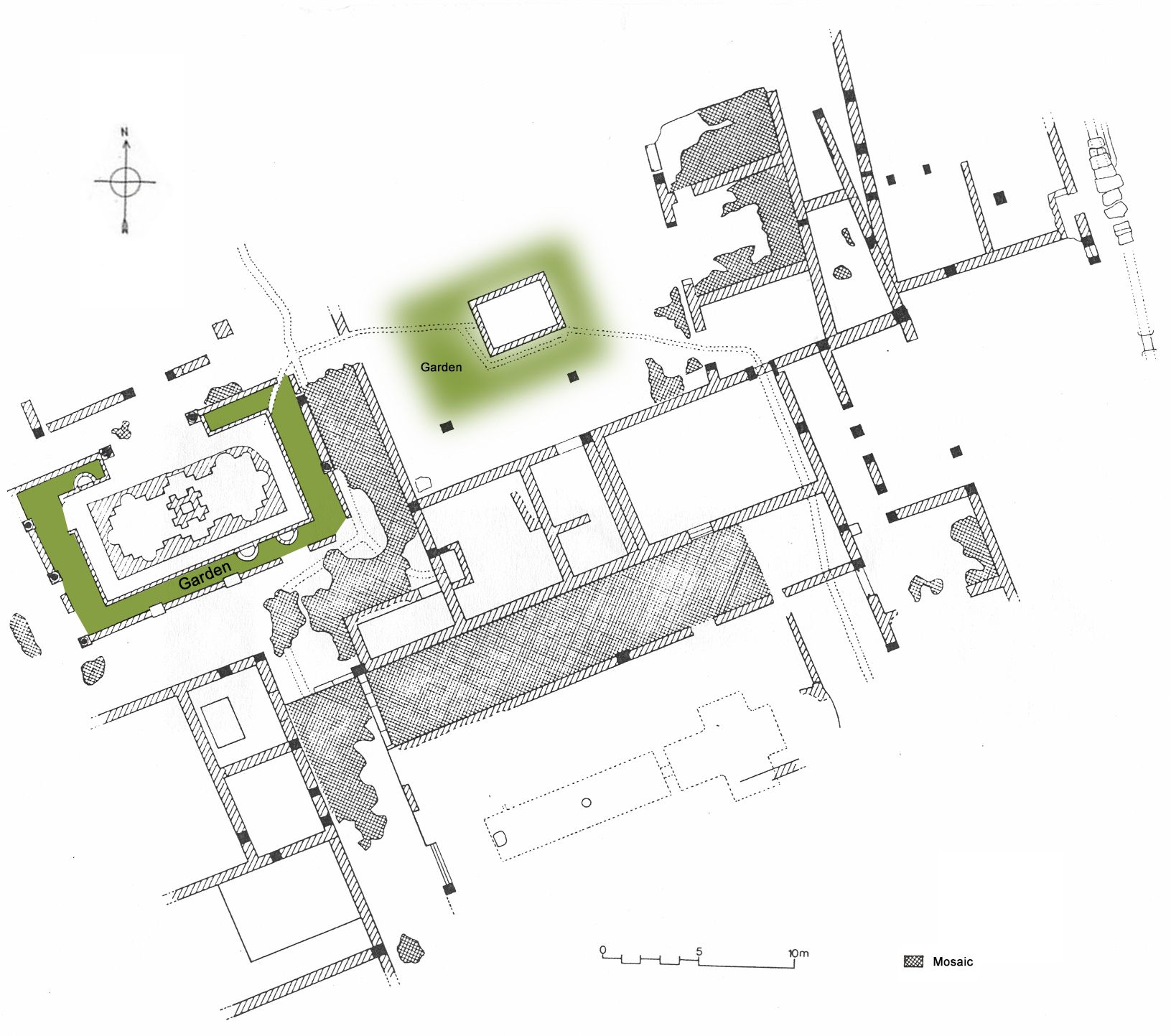 Plan of the House of the Tizerine Cape. Only a portion of the house is shown in the plan, due to incomplete excavation of the site. The primary portion shown is rectangular in aspect, one room thick along a generally northeast-southwest line. The three garden areas are to the south, the northwest, and the northeast of the surviving rooms, respectively. Additional rooms are shown in the southwest and northeast corners of the plan, bounding the three gardens and suggesting large footprint for the original house.