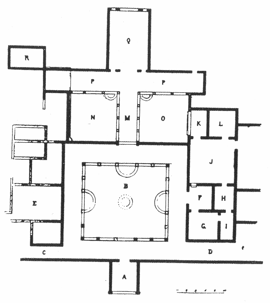 Plan of Large House with peristyle and basins in Portus Magnus. The principle entry to the house is along the north wall, centered on the symmetrical floor plan. A rectangular entry room (longer than wide) gives a view of small gardens to each side, framing the primary hallway linking the northern half of the house to the large, central peristyle garden. Groups of rooms frame the east and west sides of this garden, with a long hallway extending along the southern edge of the house, linking additional rooms to the east and west not shown in the plan. A small room extends from this southern wall, directly opposite the northern entrance.