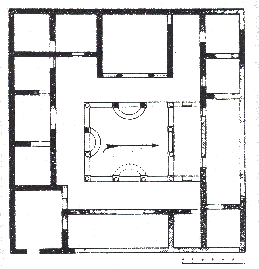Plan of Small House with peristyle and basins in Portus Magnus. Square in overall aspect, front side of the house faced almost due east. A small entrance was at the southern end of this wall, with the square-sided atrium occupying a corner of the house and opening into the large central peristyle. Other rooms surrounded this rectangular peristyle on all sides, forming the square shape of the building. Only two of these rooms (those in the southwest corner of the house) are linked by an interior hallway, with the other ten opening only into the peristyle.