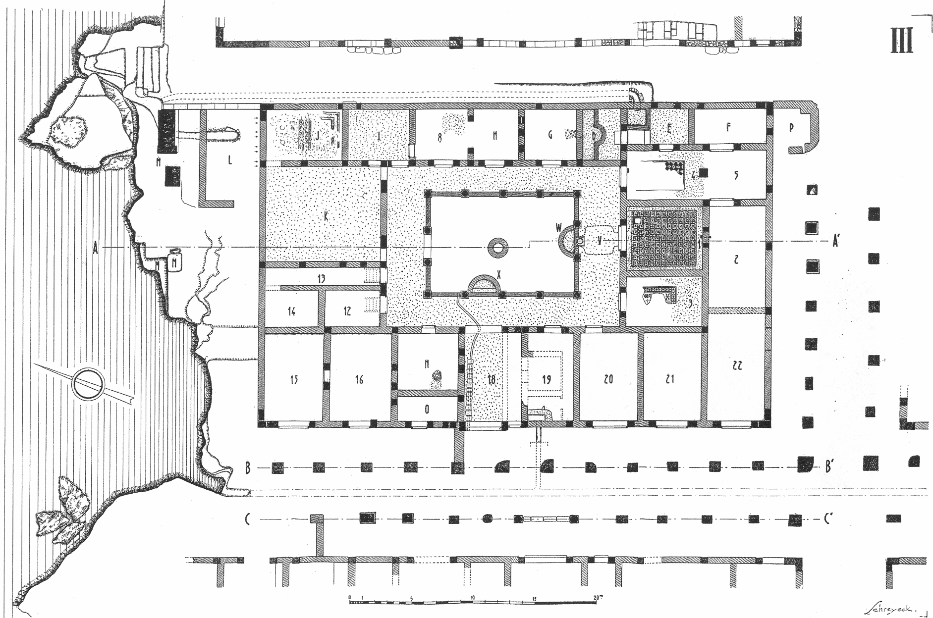 Plan of the Villa of the Frescoes. This large house had a rectangular aspect, with the shorter side of the rectangle on the northern and southern sides. The central peristyle has the same aspect as the house and is centered in the floor plan. Twenty-six rooms of various sizes surround the peristyle garden, and in the majority of cases each room extends from the garden to the exterior wall, with two separate occasions where the space was divided into two smaller rooms instead. To the north of the house, the ground slopes down to the seaside, which has a ragged edge, changing between about five and ten meters from the northern wall of the house.