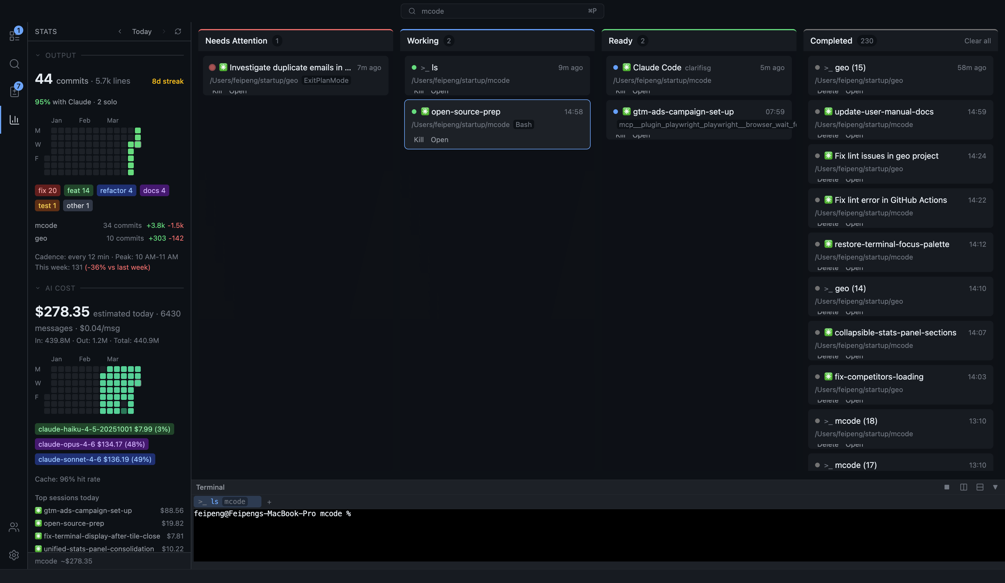 Kanban board grouped by session status