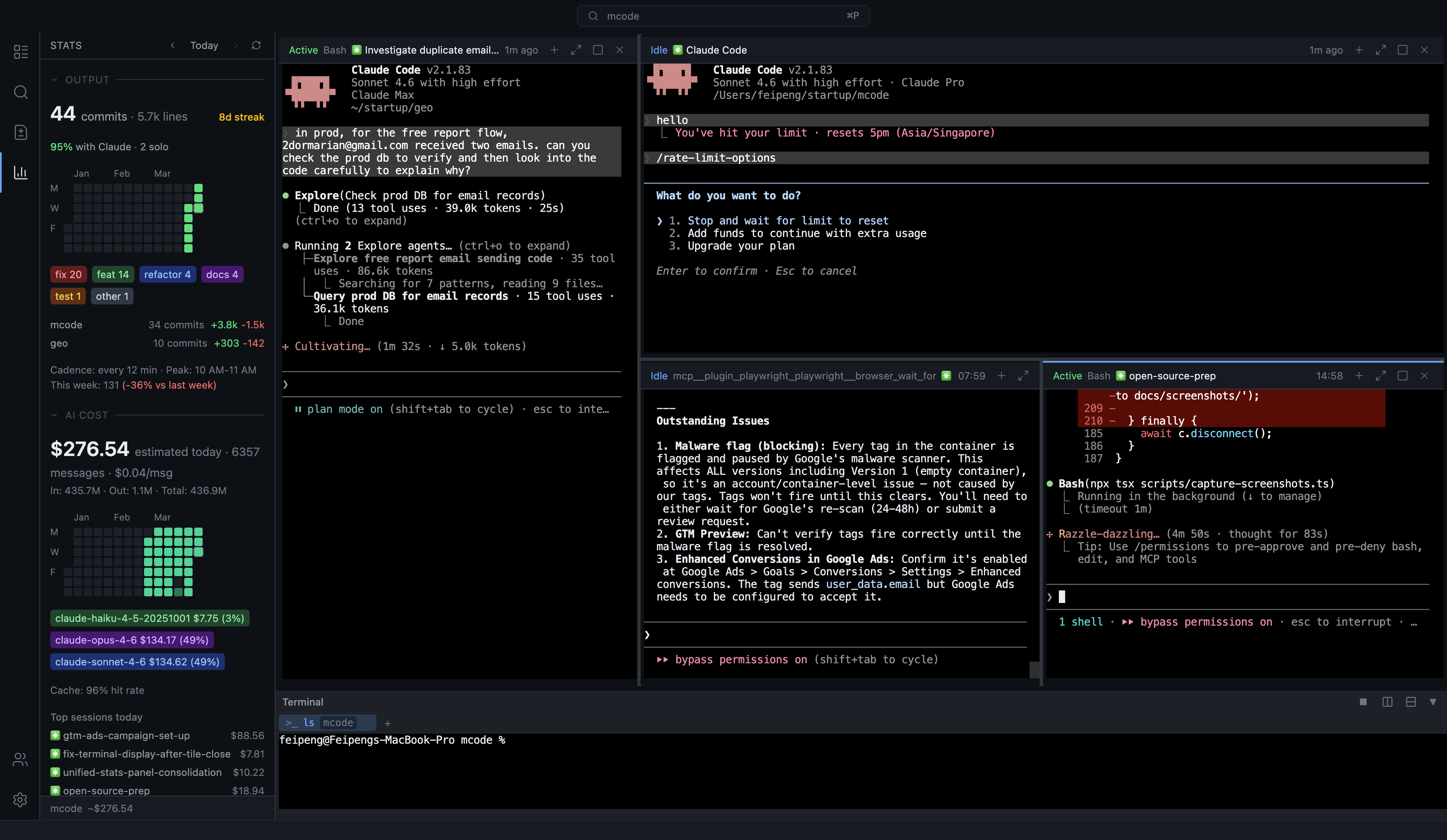 Stats sidebar with commit and token analytics