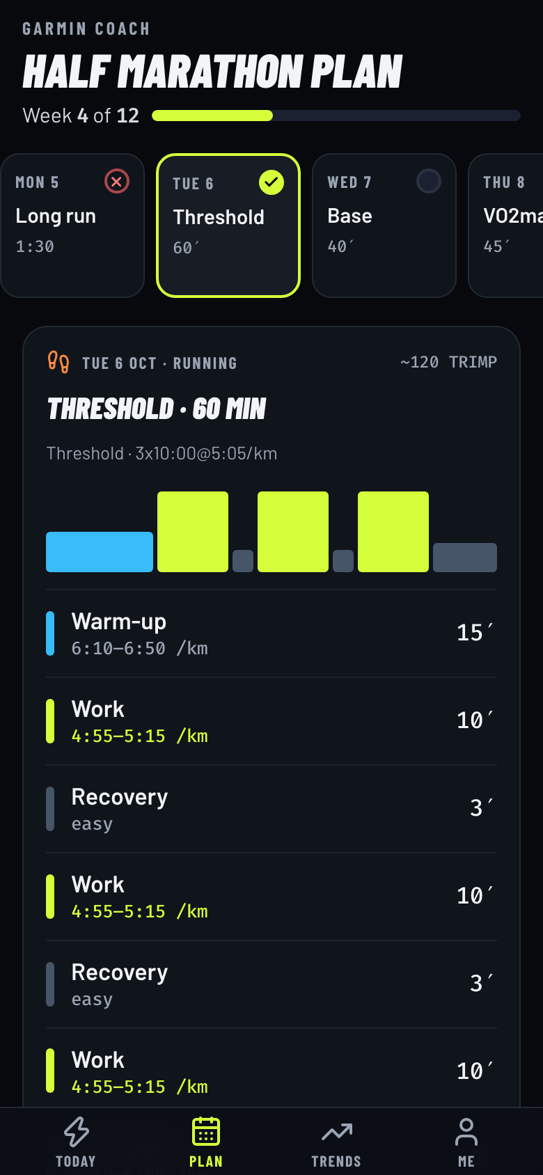 Phone: the Garmin plan — the week as cards and the workout step by step