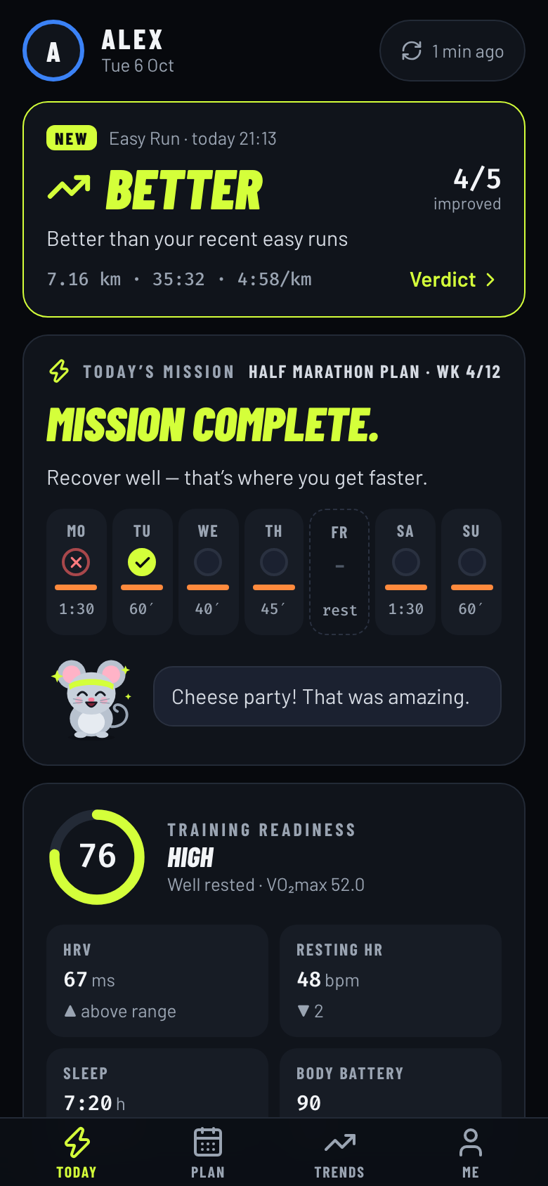 Phone: Today — the fresh verdict card, today's mission, the week and readiness