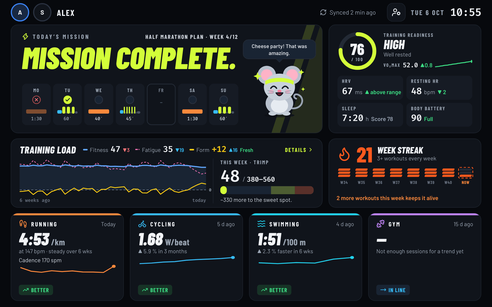 The wall: today's mission with the week of your Garmin plan, readiness, training load, week streak and sport trends