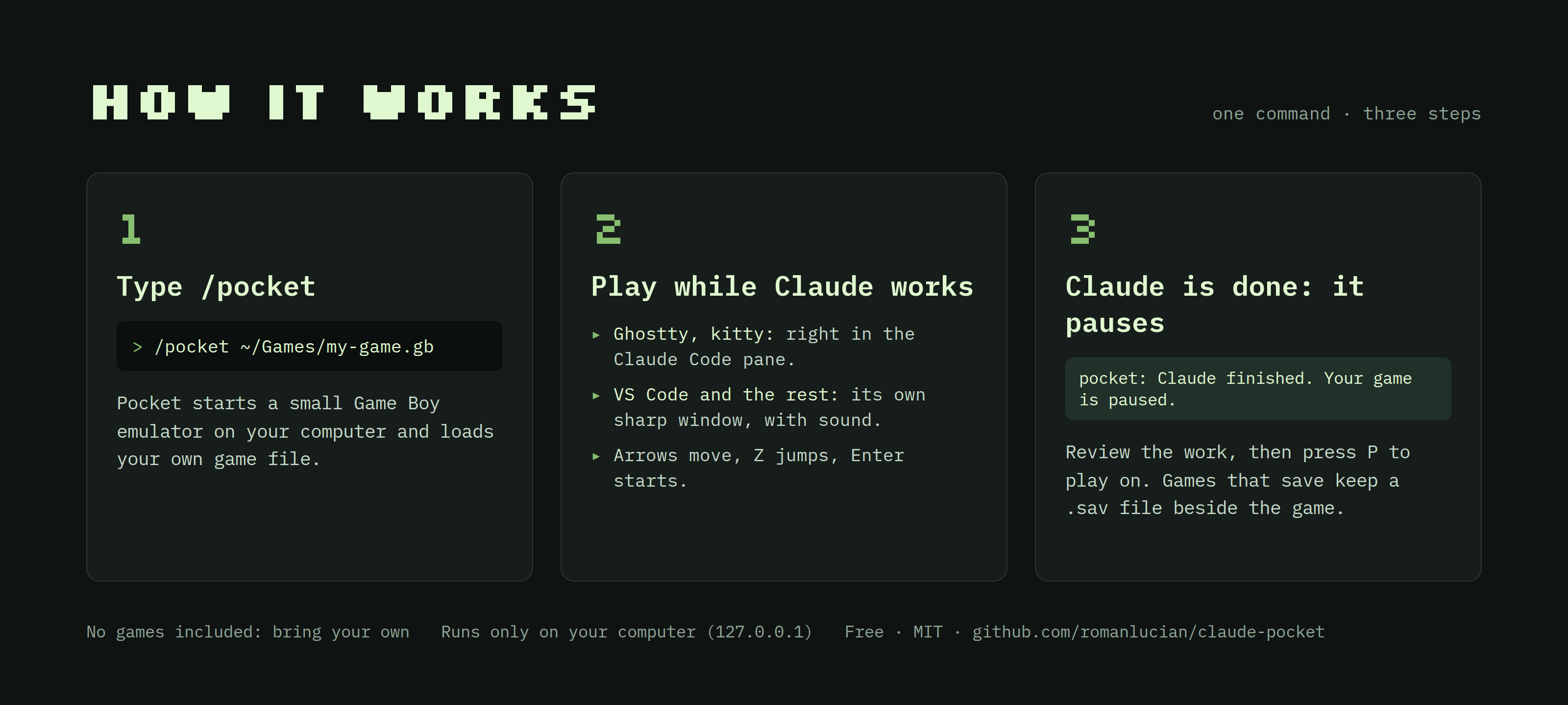 How it works: type /pocket, play while Claude works, Claude is done and the game pauses