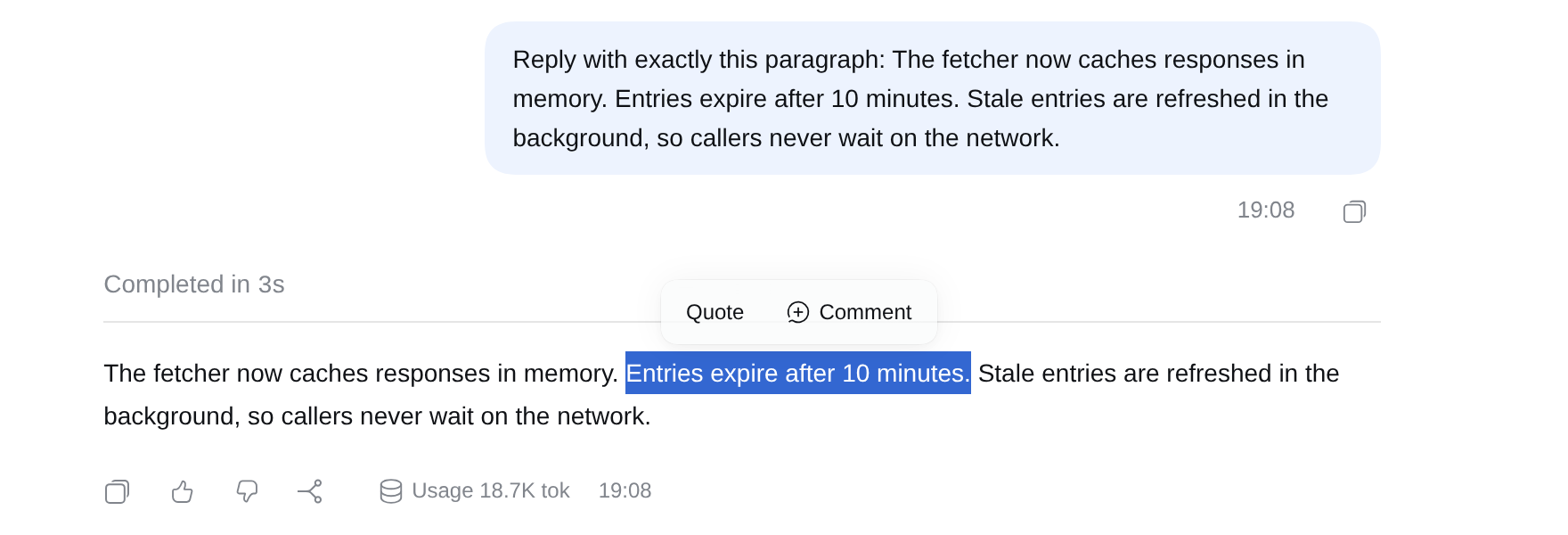 The Quote button above a selected sentence in a reply