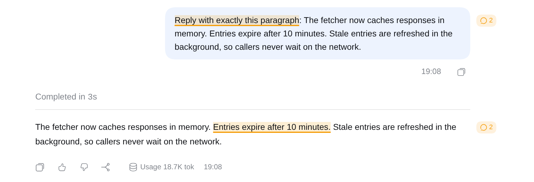 Two highlighted passages, one in a sent message and one in a reply, each with a badge in the margin