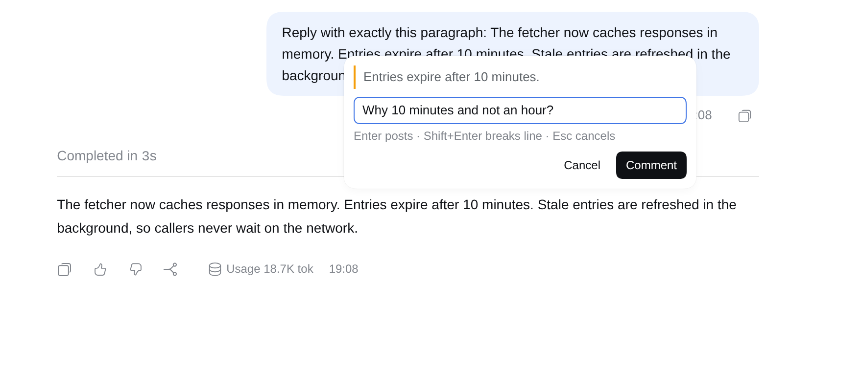The comment box over the conversation, showing the selected passage and a typed question