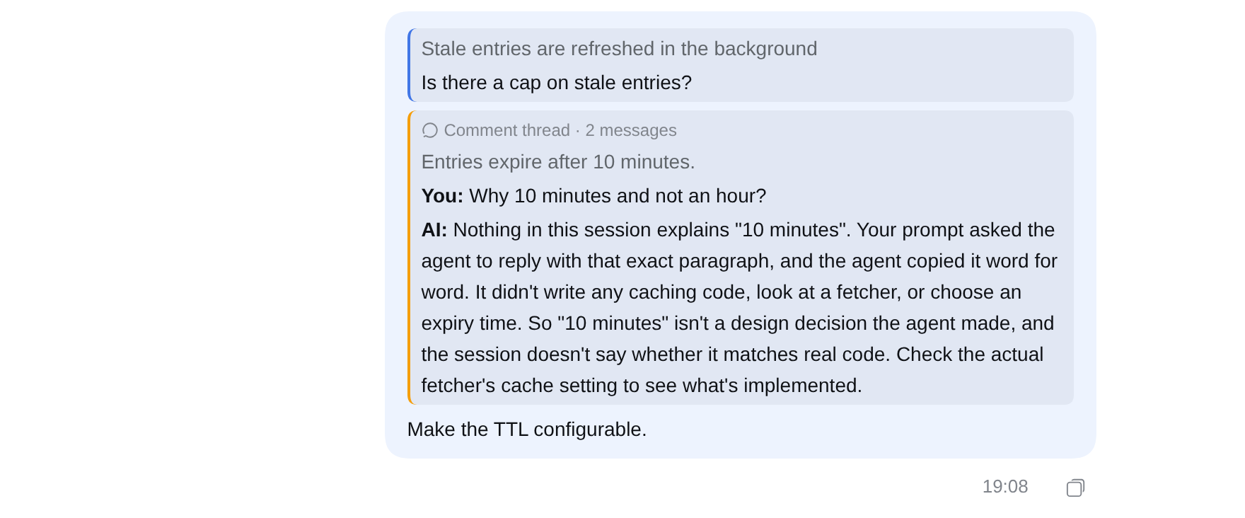 The sent message with the thread card expanded, followed by the instruction