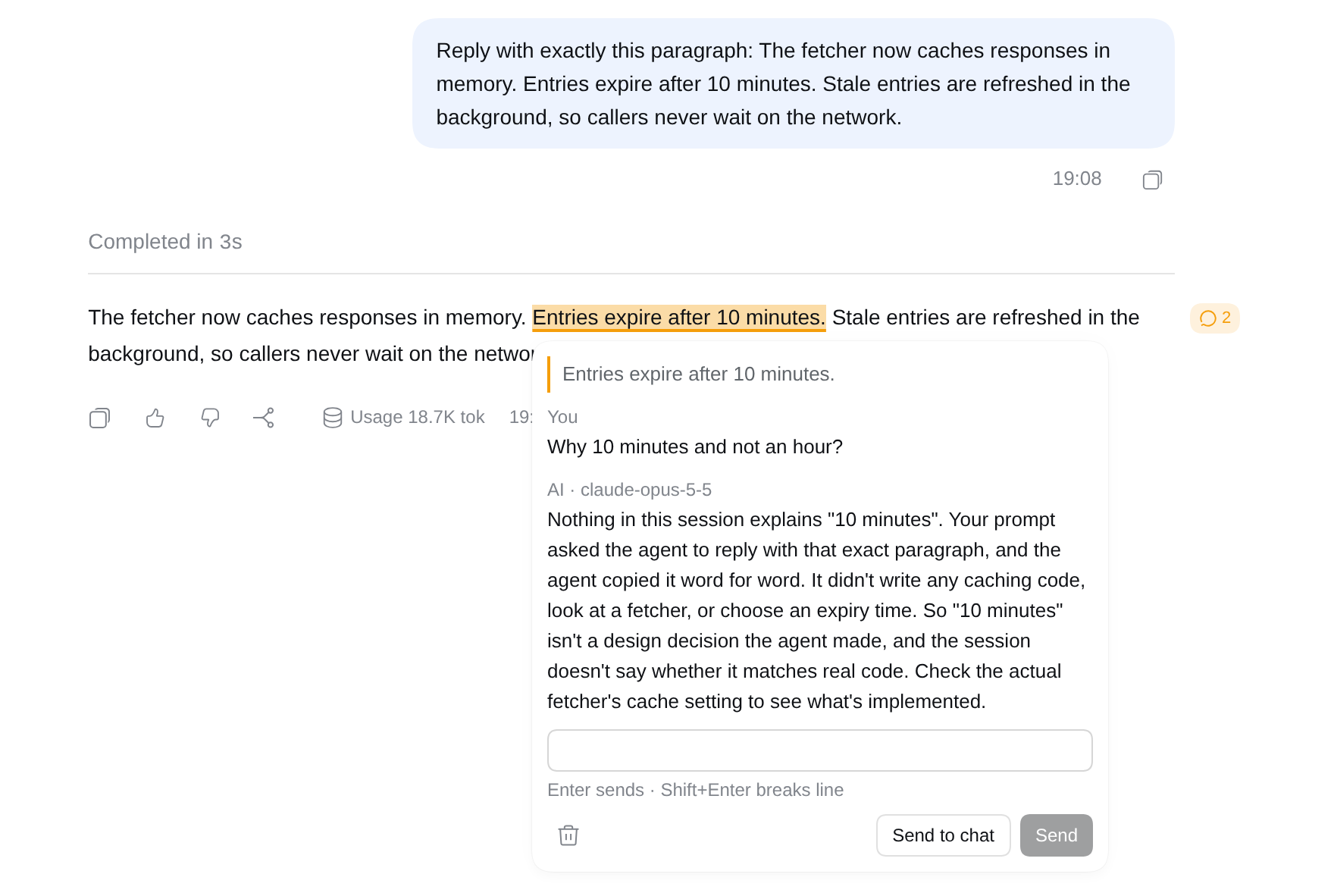 A highlighted sentence in a reply, with its thread open: the comment "Why 10 minutes and not an hour?" and a short AI reply