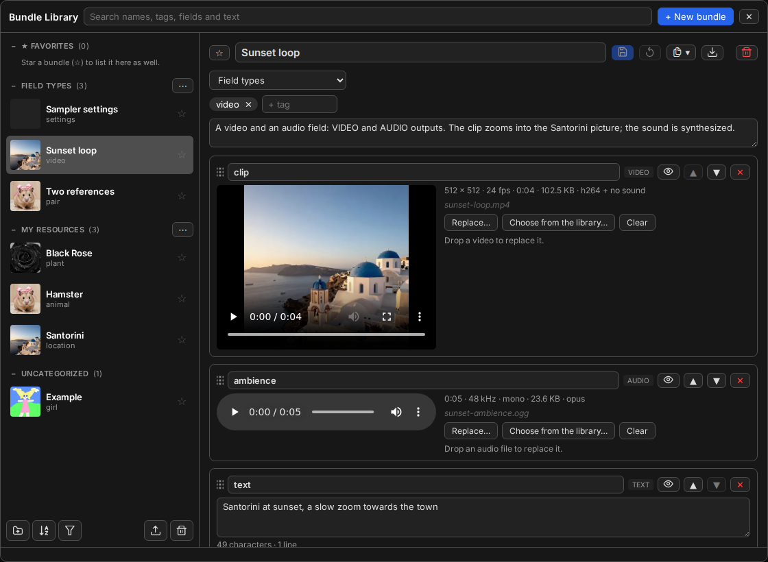 The library window: the seven example bundles in their groups, and Sunset loop open in the editor with its video, audio and text