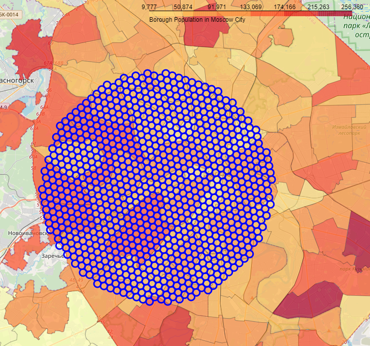 Example of the hexagonal grid of area candidates