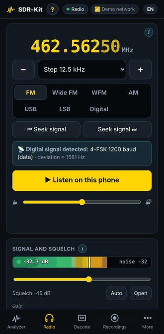 Listening to a channel with live signal level